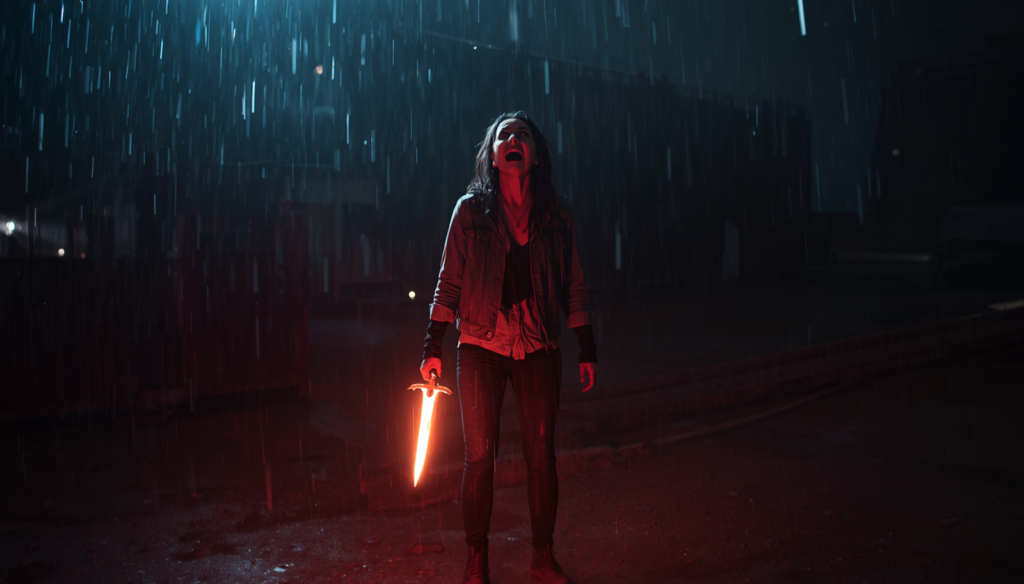 Alice using construction jackhammer and Kandarian Dagger in Evil Dead Burn climax